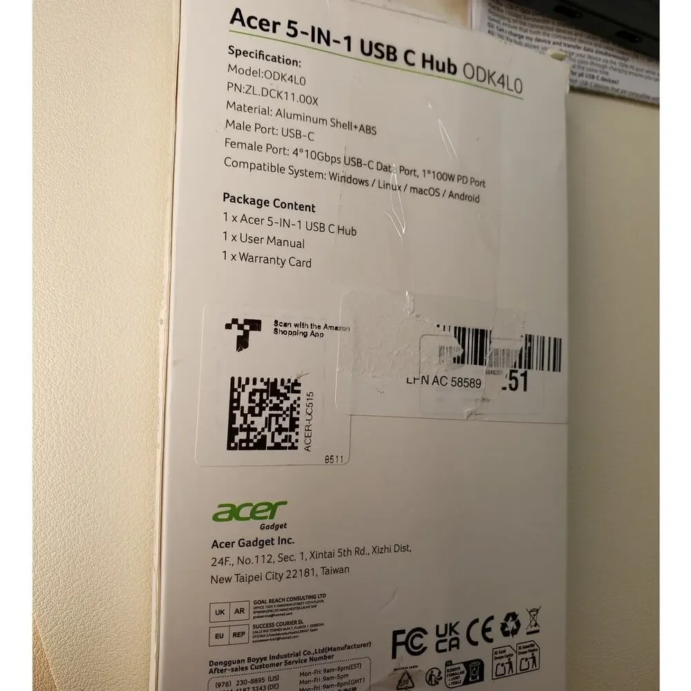 ACER 5-IN-1 USBC HUB MODEL ODK4LO for laptops Mac PC Linux. Portable Type C